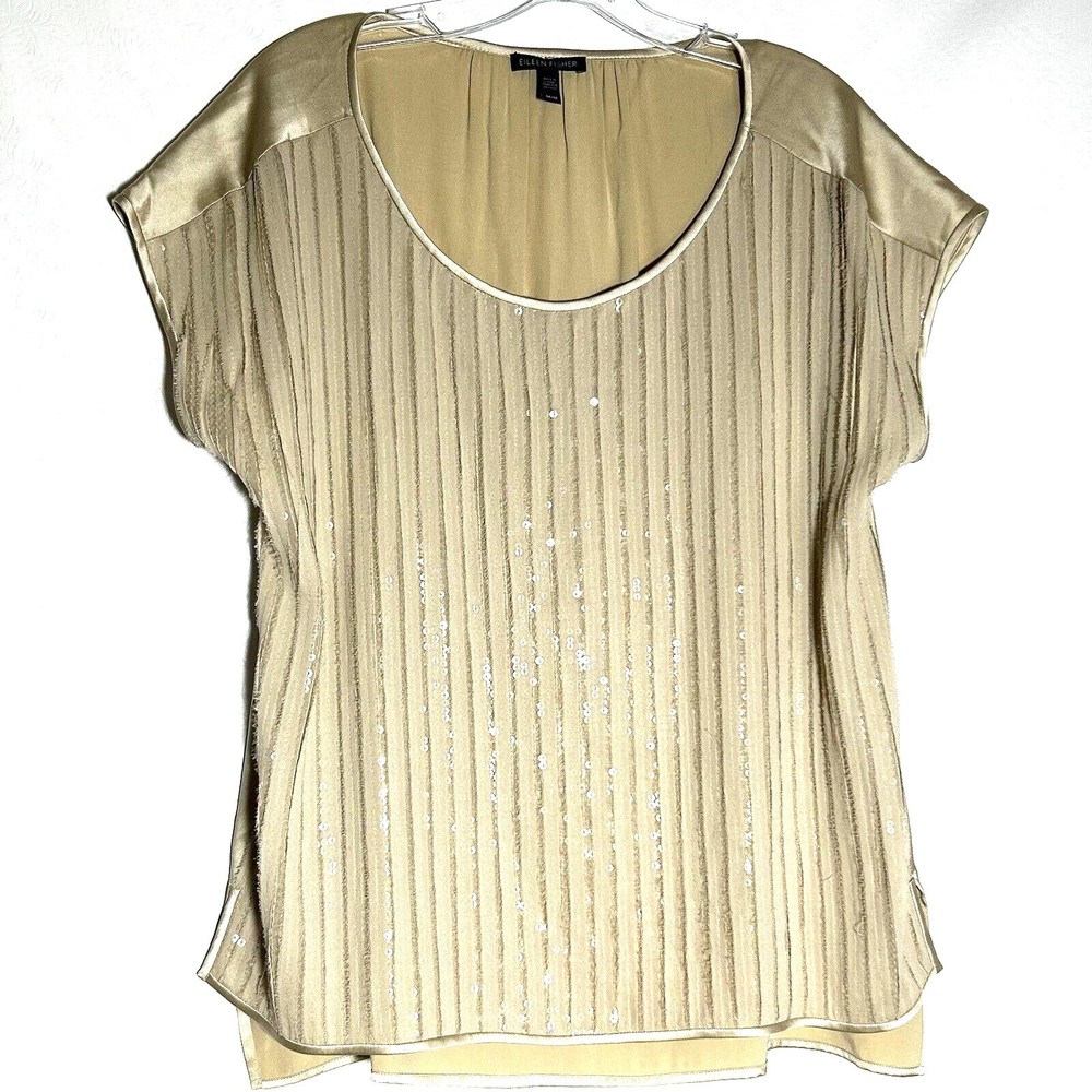 Eileen Fisher Womens Size M Beige Tan Silk Sequin Shimmer Tunic Top Blouse